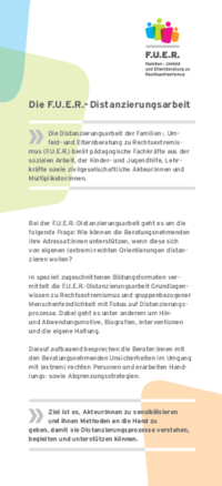 Einleger der Familien-, Umfeld- und Elternberatung zu Rechtsextremismus (F.U.E.R.) für Fachkräfte aus der Pädagogik und der Sozialen Arbeit über Angebote im Bereich Distanzierungsarbeit. 
