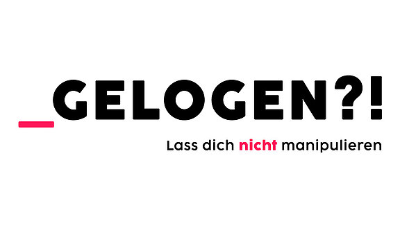 Logo des Info-Portals „Gelogen?! Lass dich nicht manipulieren“ mit dem Titel in großer, kontrastreicher Schrift.