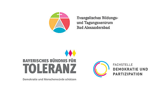 Die Logos des Evangelischen Bildungs- und Tagungszentrum Bad Alexandersbad, des Bayerischen Bündnisses für Toleranz und dessen Fachstelle Demokratie und Partizipation.