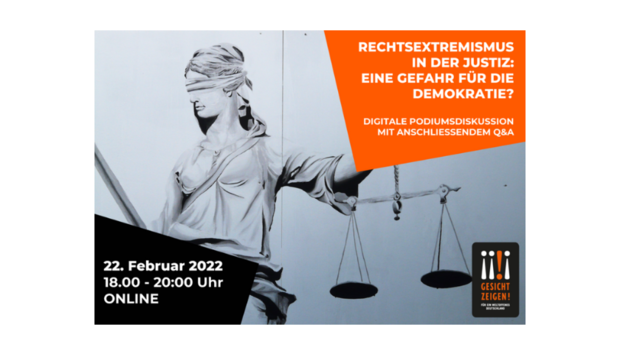 Ein Foto einer Justizia-Statue mit verbundenen Augen mit dem Text zur Veranstaltung: Rechtsextreme im Justizsystem
