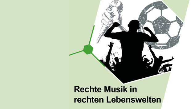 Ein mintgrüner Hintergrung und eine Silhouette einer Band mit Publikum. Das Bild ist ein Teil des Flyers zur Veranstaltung: Rechte Musik in rechten Lebenswelten