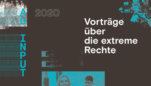 Ein Bildausschnitt der Veranstaltungsflyer der Ag Input in schwarz gehalten und in neonblauer Farbe den Schriftzug AG Input und Vprträge über die exreme Rechte