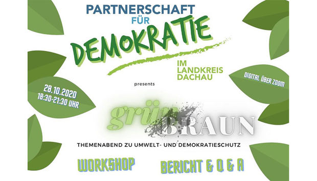 Das Logo der Oartnerschaft für Demokratie im Landkreis Dachau umrandet von grünen Blättern, passend zum Themenabend "Grün udn Braun" über Extrem Rechte Strukturen im Umwelt- und Naturschutz