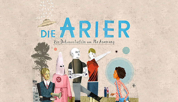 Illustrierter Flyer zum Film Die Arier, abgebildet sind mehrere Personen.