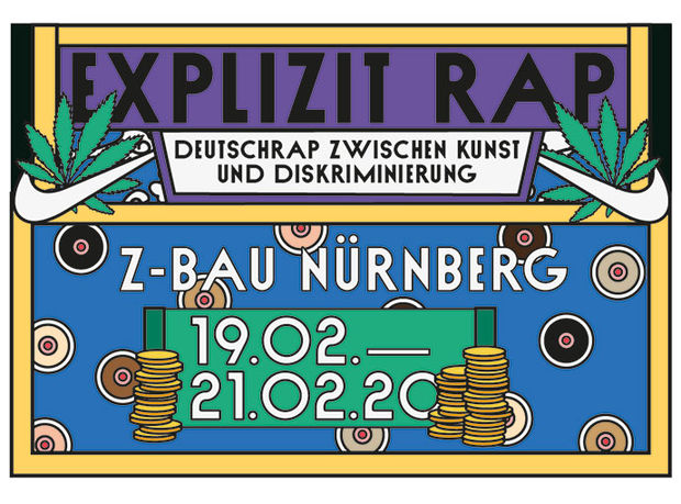 Ein Buntes Plakat mit gezeichneten Elementen und dem Text: Explicit Rap. Deutschrap zwischen Kundt und Diskriminierung." es ist das Veranstaltungsplakat zur Fachtagung vom 19.-21.2. Februar 2020