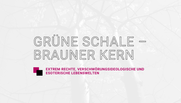 Im Hintergrund ist eine schwarz-weißes Bild von einem Wald, passend zum Titel im Vordergrund: Grüne Schale – brauner Kern. Rechte, verschwörungsideologische und esoterische Lebenswelten.