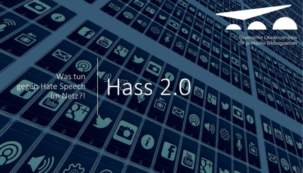 Im Hintergrund sind Social Icons und mit weißer Schrift steht der Veranstaltungstitel davor: Was tun gegen Hatespeech im Netz? Hass 2.0