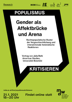 Ein grünes Plakat der Veranstaltung, auf dem in einer eckigen Sprechblase der Titel der Veranstaltung steht: Gender als Affektbrücke und Arena. Rechtspopulistische Muster der Vergeschlechtlichung und intersektionale feministische Reaktionen