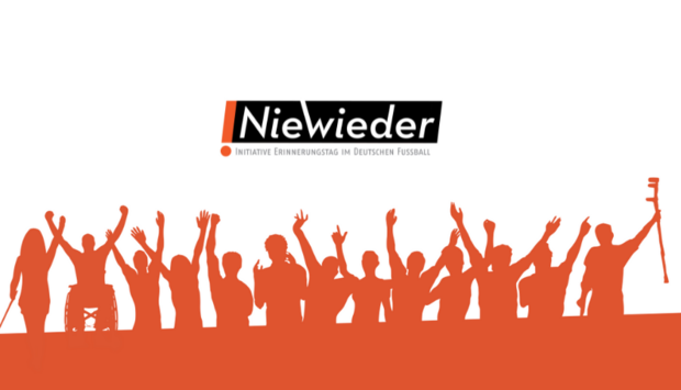 Eine Zeichnung einer Gruppe von Menschen in der Farbe orange mit dem Logo der nitiative Erinnerungstag im deutschen Fußball: Nie wieder! 
