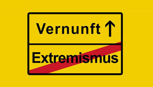 Grafik eines gelben Verkehrsschildes mit der Aufschrift "Vernunft" Pfeil nach vorn und "Extremismus" rot durchgestrichen.