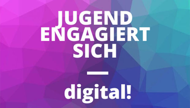 Vor dem prisma aus magenta und grün/blauen Farben steht weiß der Titel der Veranstaltung: Jugend engagiert sich – digital.