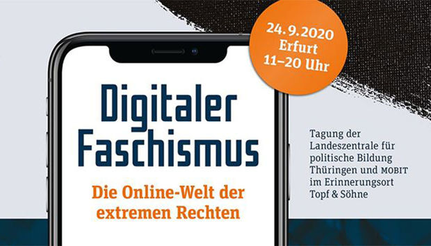 Das Veranstaltungsbild zeigt passend zum Tagungsthema den Titel auf einem Smartphone: Digitaker Faschismus. Die online Welt der extrem Rechten.