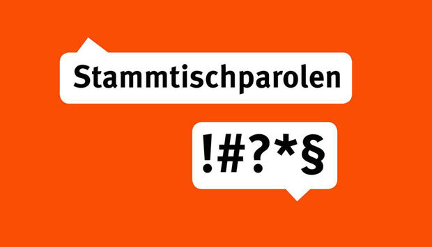 Zwei Sprechblasen auf orangefarbenem Grund mit der Aufschrift "Stammtischpareolen" und "!#?*§"