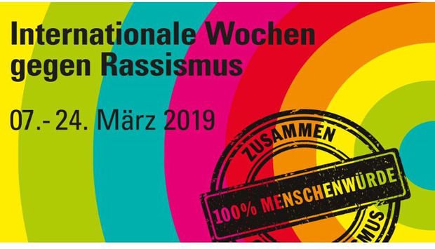 Das Logo der Internationalen Wochen gegen Rassismus auf bunten Kreisen. Die Wochen finden vom 7.-24.März 2019 statt.