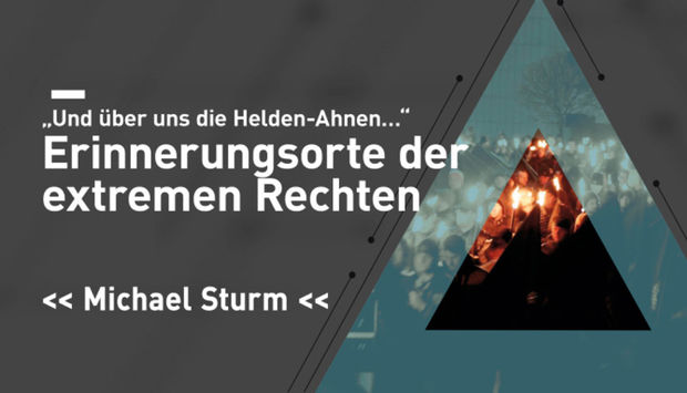 Ein hellblaues Dreieck auf grauem Hintergrund. Ein Bild mit Frauen, die den Hitlergruß zeigen rechts im Bild. In weißer Schrift der titel der Veranstaltung: Erinnerungsorte der extremen Rechten 