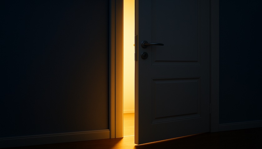 Offene Tür mit Licht Eine weiße Zimmertür steht einen Spalt offen. Warmes Licht fällt aus dem Raum dahinter in einen dunklen Flur.