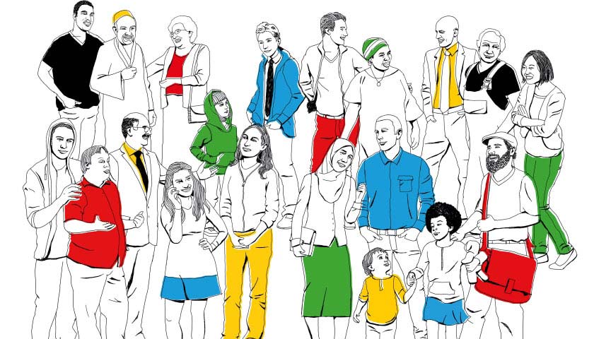Das Bild zeigt eine Gruppe von Menschen gezeichnet, deren Kleidung teilweise bunt in den Farben des Bundesprogramms Demokratie leben! eingefärbt sind.