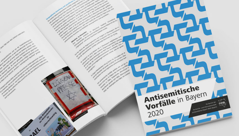 Ein Bild der Publikation von RIAS Bayern mit dem Titel: Antisemitische Vorfälle in Bayern 2020. Auf dem Cover sind hebräische Schriftzeichen. 