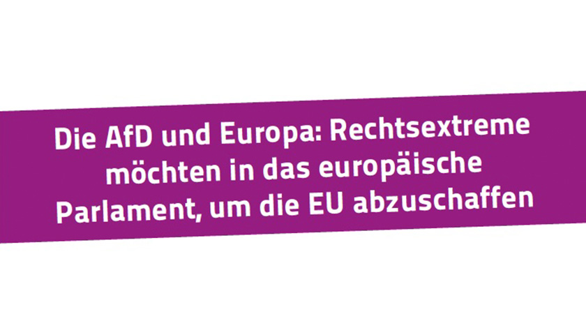 Titel der firm-Broschüre „Die AfD und Europa: Rechtsextreme möchten in das europäische Parlament, um die EU abzuschaffen“.