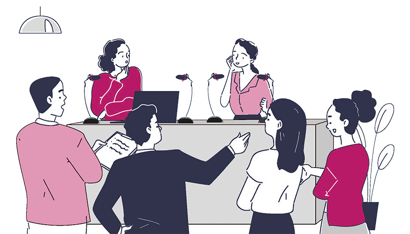 Die Illustration zeigt mehrere Menschen, die um das Podium einer Veranstaltung stehen und diskutieren.